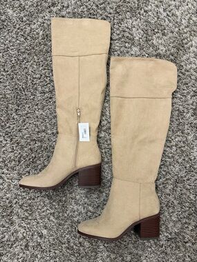 Time & Tru Tall Beige Suede Knee-High Boots with Block Heel Size 10